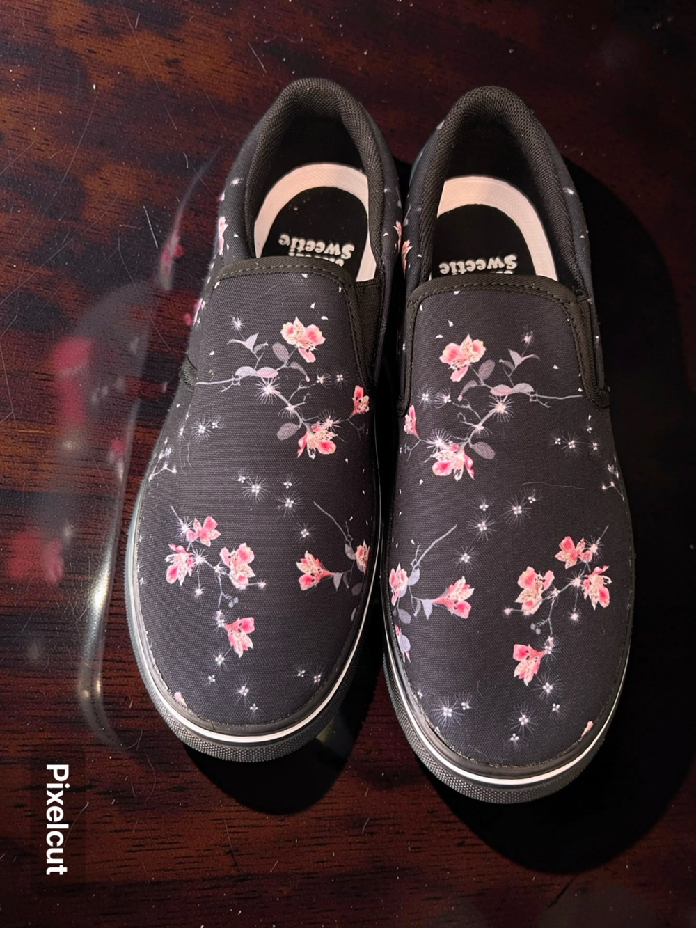 Slip-On Floral Canvas Flats - Black with Pink Blossoms